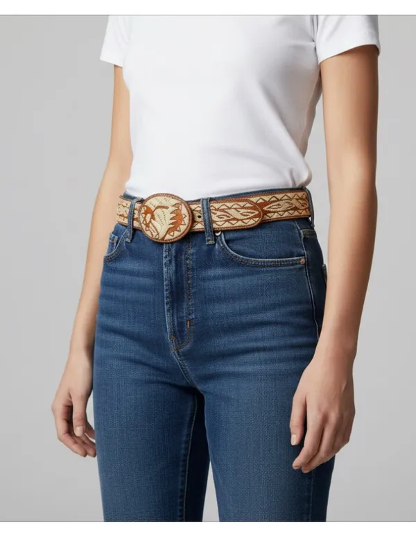 Handmade Embroidered Horse Leather Brown & Cream Western Belt Rare - Image 14