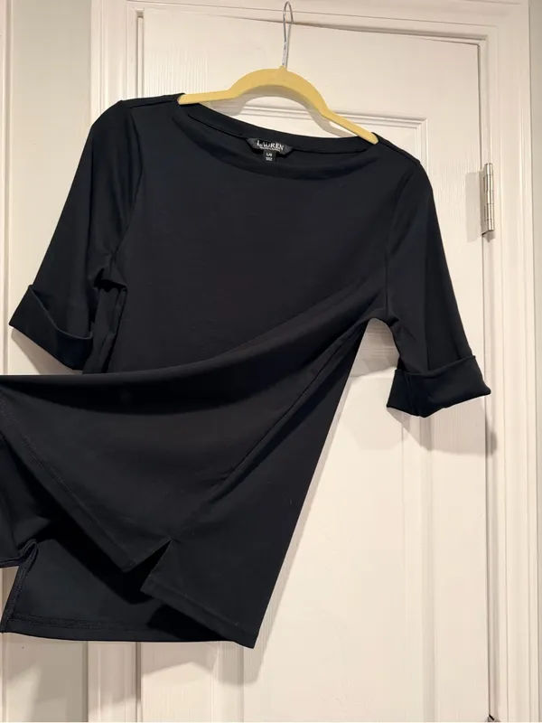 NWOT LRL Ralph Lauren Size L Black Top Cuffed Short Sleeve Stretch Classic Logo - Image 3