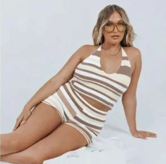 Princess Polly Women’s Isla halter top and shorts set in brown summer stripes - Image 2