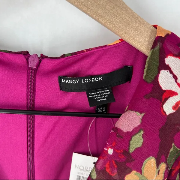 Maggy London Desert Bloom Floral Long‎ Sleeve A-line Dress In Wine Ruffle Trim 2 - Image 6
