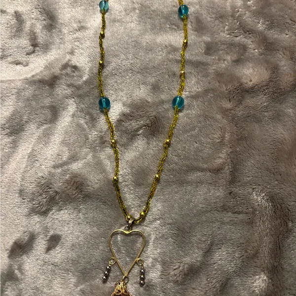 Chic Yellow and Blue Beaded Heart Pendant Necklace with Dangle Bell - Image 5