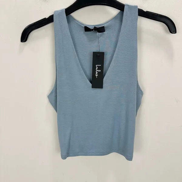 Lulus Feel Like Dancing Blue Crop Top Minimalist Stretch Jersey Basics M NWT - Image 4