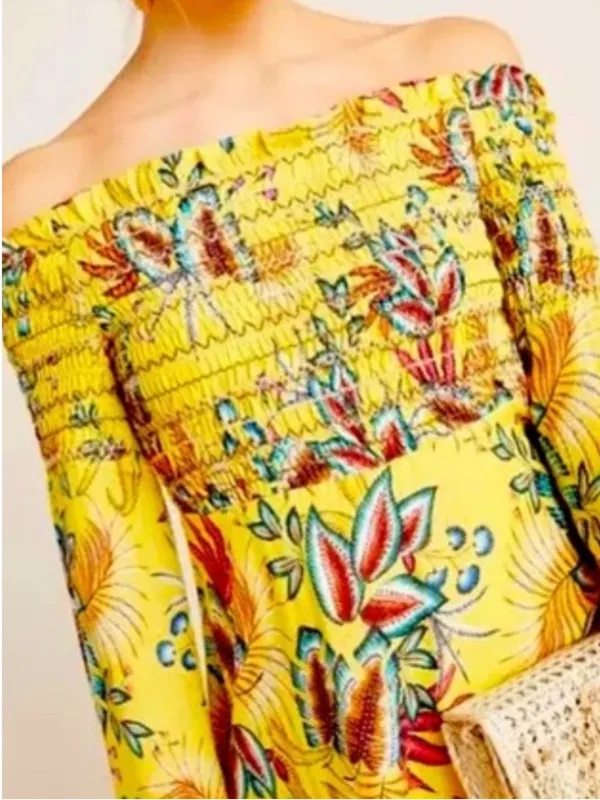 EUC Anthropologie FARM Rio Bria Smocked Yellow Floral Dress Size Small - Image 3