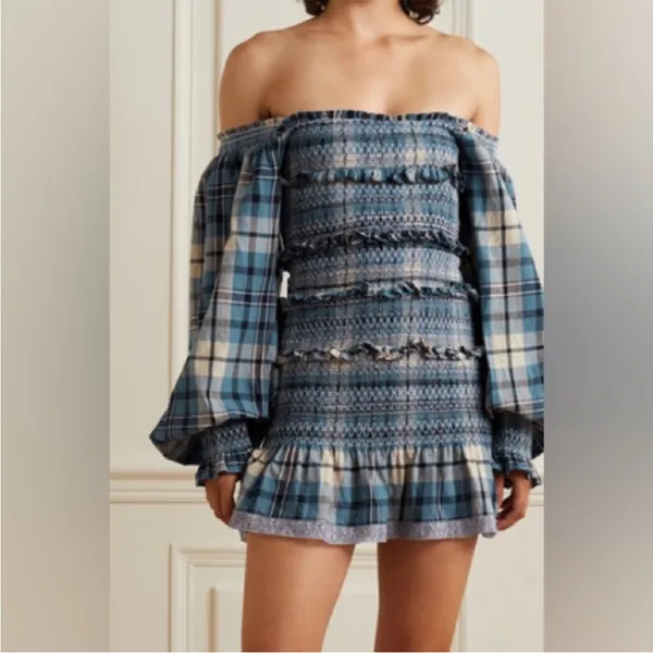 LoveShackFancy Stanley Blue Plaid Smocked Mini Dress Medium - Image 2
