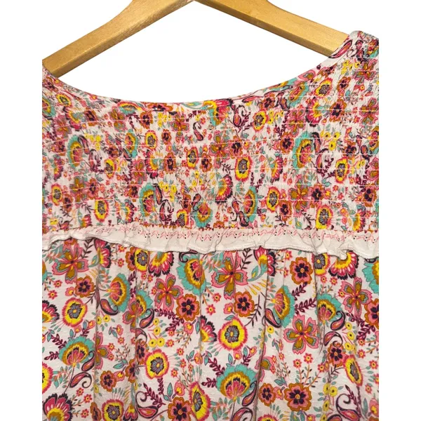 Democracy Boho Hippie Smocked Top Women's Large Floral Ruffle Vacation‎ Beach - Image 6
