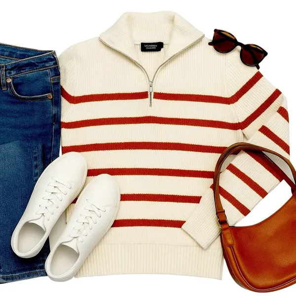 Monoprix Femme Ivory Rust Stripe Ribbed Half Zip Sweater XS French Knit Top Chic - Image 12