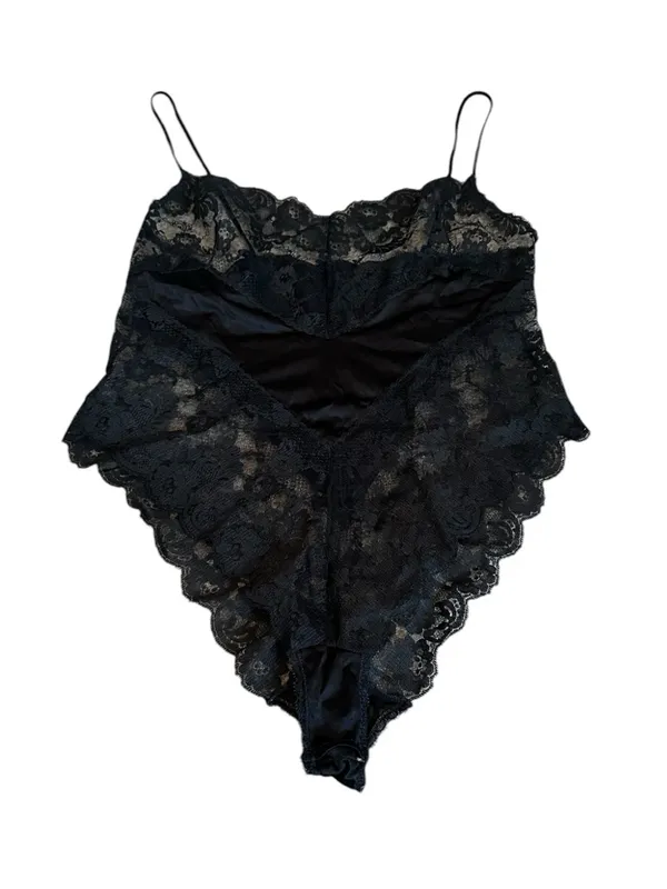 Vintage 80s Black Silky Nylon & Lace Teddy Lingerie Dark Romantic Cottagecore - Image 2