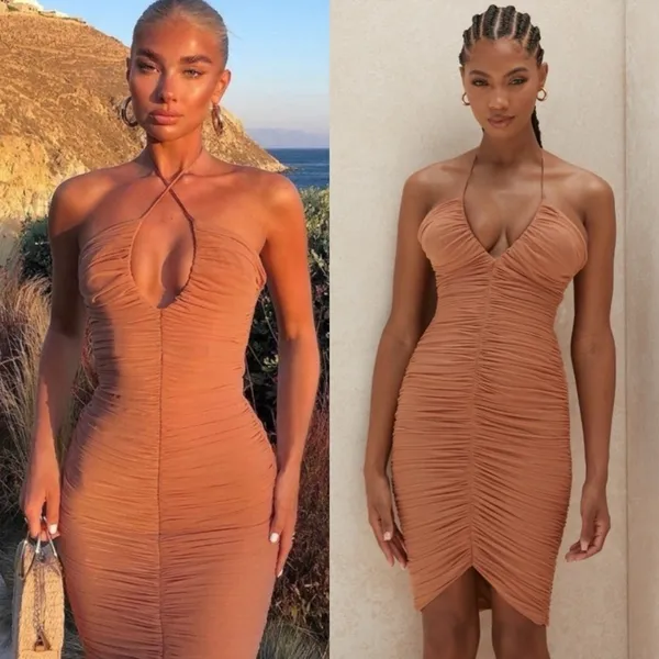 House of CB Tiarra Ruched Mesh Bodycon Dress Nude Tan XL - Image 2