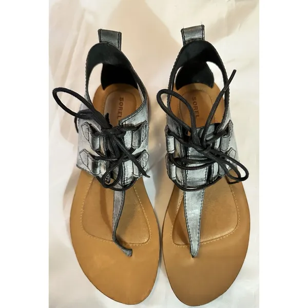Boho Sorel Summer Boot Distressed Black Leather Lace Up Cage Sandals Size 9 - Image 8