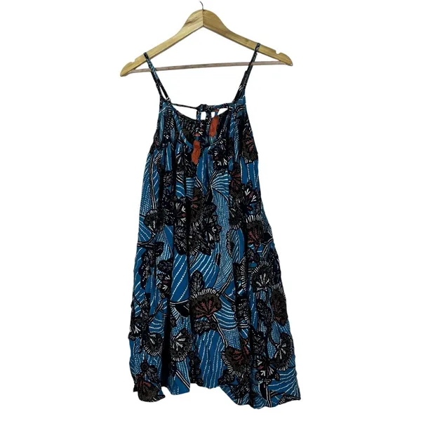 Anthropologie Deja Floral Batik Print Mini Dress Blue Boho Tassel Tie Size XS - Image 5