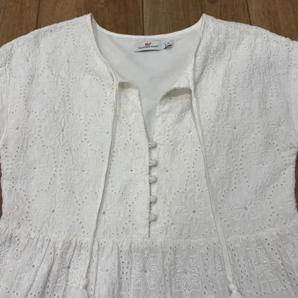 Vineyard Vines 🌟🌟 Island Cotton Eyelet Swing Tiered Tie Neck Dress White Sz Xs - Image 4