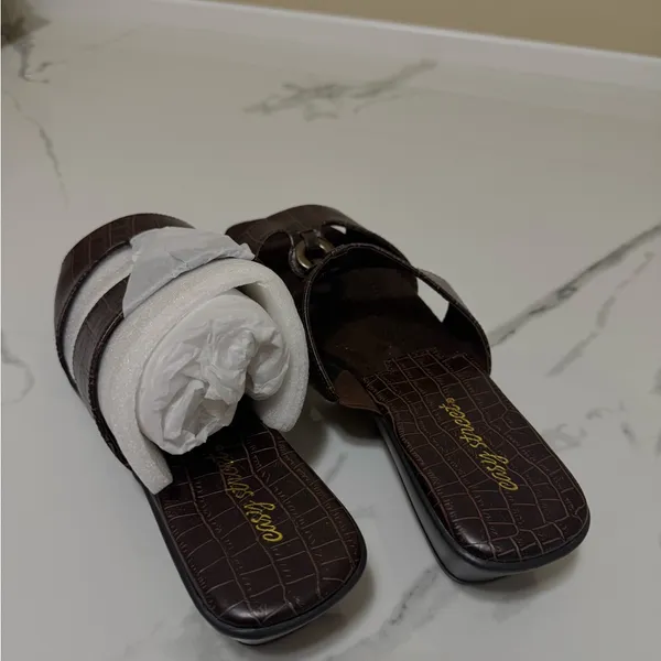 easy street Brown Croc Slide Sandals with Ring Accent - Image 5