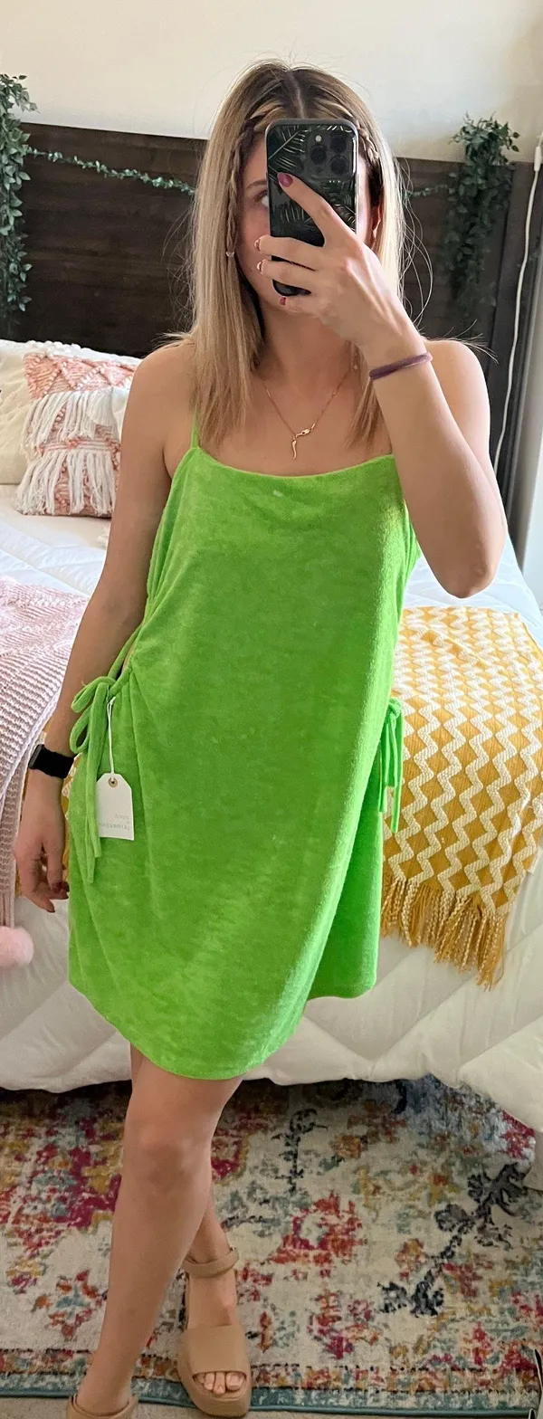 Lime Green Terry Cloth Mini Dress With Cut Out Sides - Image 4