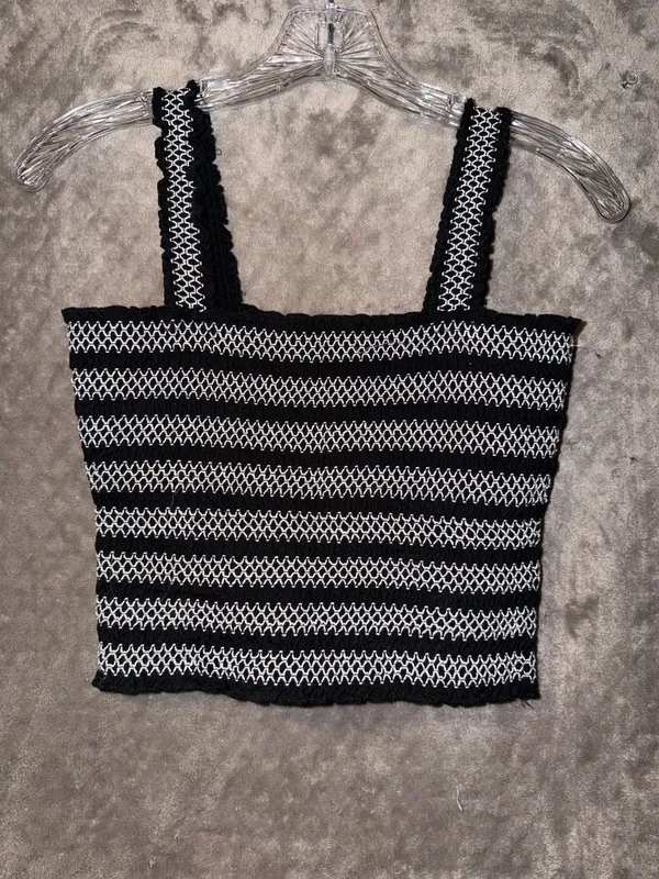 Aeropostale Black and White Striped Smocked Crop Tank Top - Image 3