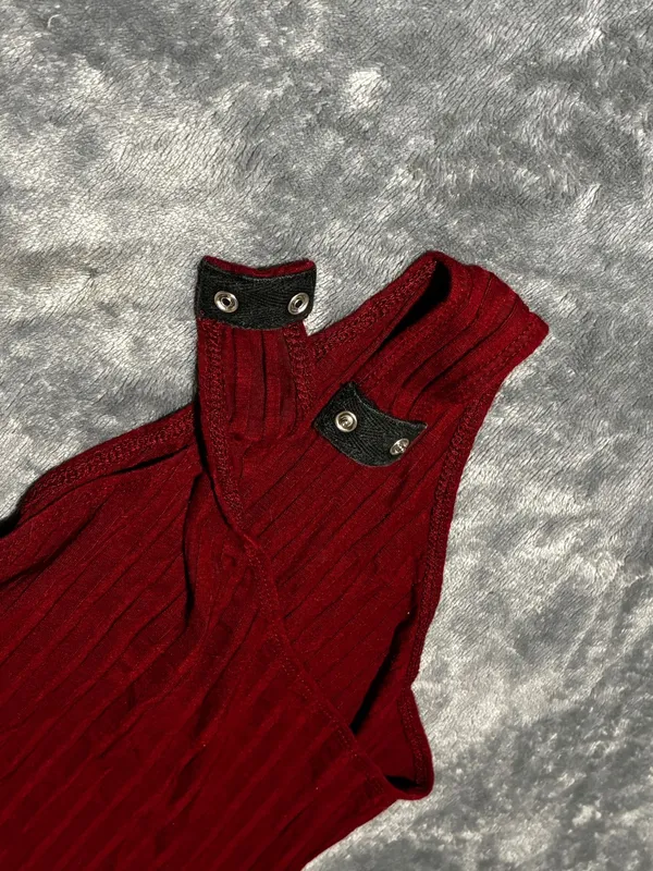 Altar'd State Ribbed V-Neck Short Sleeve Bodysuit in Burgundy - Image 4