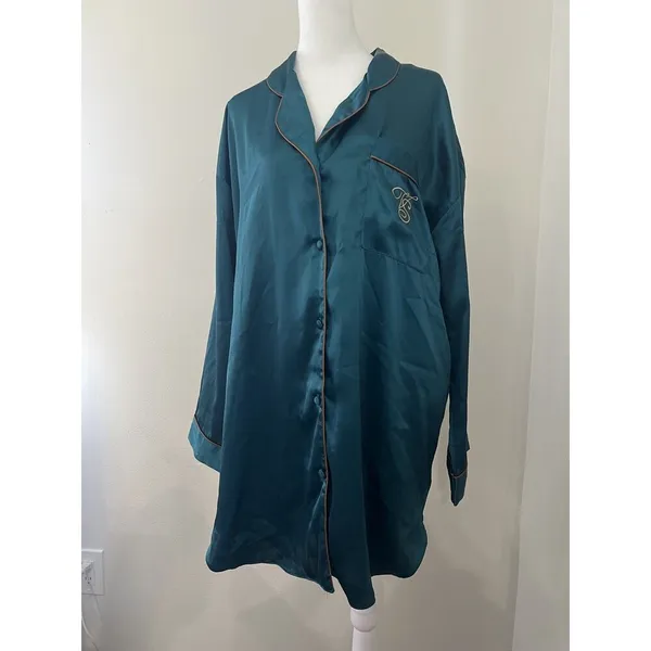 Vintage Victoria's Secret Gold Label Satin Pajama Shirt Dress Green Monogramed - Image 4