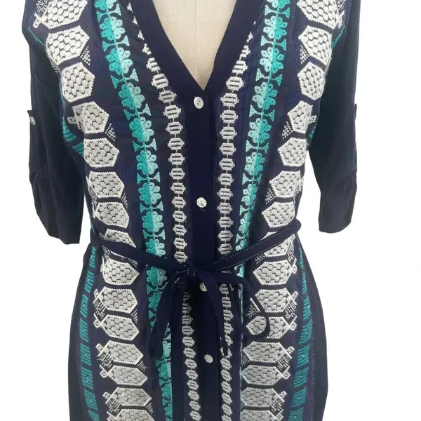 Anthropologie Tiny‎ Nadia Shirt Dress Button Embroidered Navy Blue Teal Size XS - Image 5