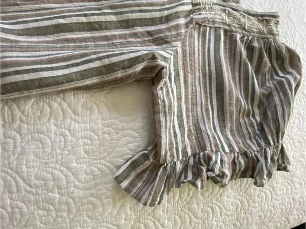 Studio West Brown Multi-Stripe Square Neck Peasant Blouse Linen and Cotton Blend - Image 7