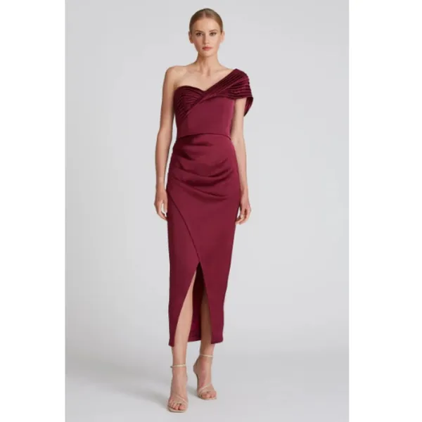 THEIA Gisela Burgundy One Shoulder Satin Midi Gown NWT Wedding Guest Sz 0 - Image 2