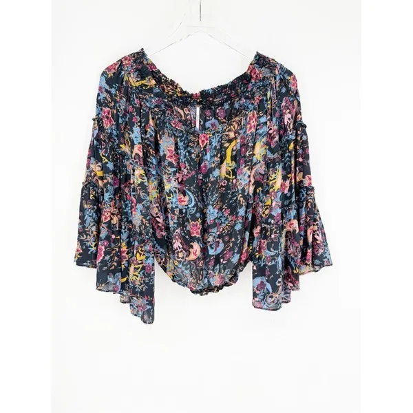 Free People Floral Off the Shoulder Bell Sleeve Blouse Women's S Boho‎ Chic - Image 3