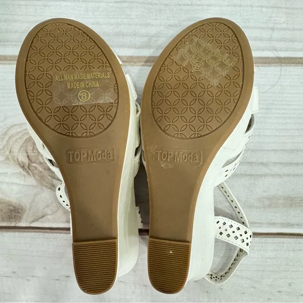 Top Moda Strappy Ivory Wedge Heeled Platform Sandals with Cutouts Size 8 - Image 8