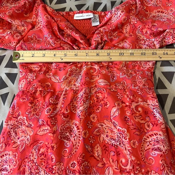 Sincerely Jules Vibrant Coral Paisley Print Chiffon Sweetheart Mini Dress Size S - Image 12