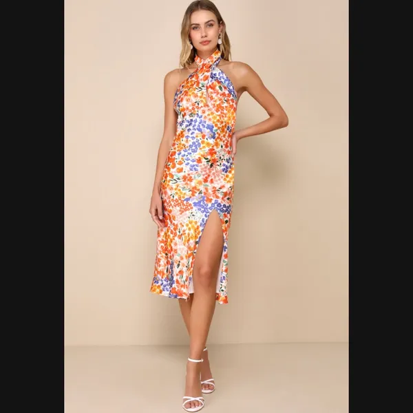 Lulus Bold Presence Orange Multicolor Floral Satin Halter Midi Dress - Image 5