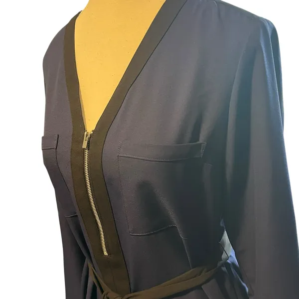 Express Sz S Roll Up Sleeve Dress Black‎ Trim Ribbon Belt Navy Business Casual - Image 2