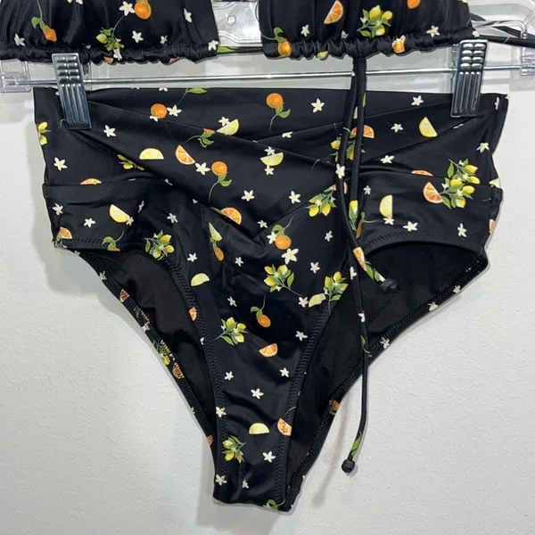 PINK bikini swimsuit size small orange lemon print high waist string top - Image 3