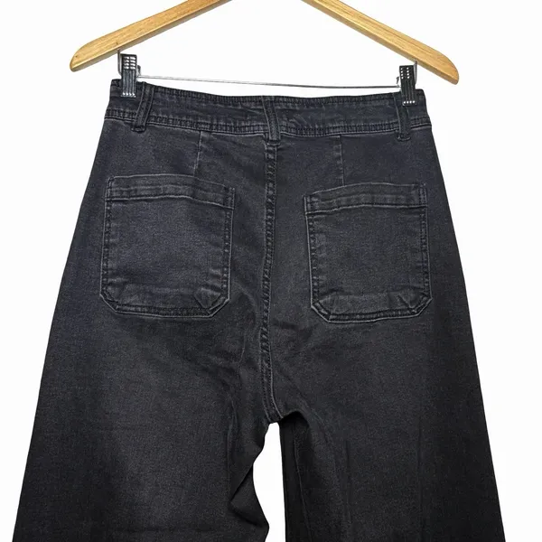 OAT New York Wide Leg Jeans Womens 4/27 Black High Rise Patch Pocket Raw Hem - Image 4