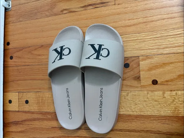 Calvin Klein Taupe Slide Sandals with Black CK Logo - Image 3