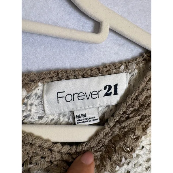Forever 21 Women Brown White Striped Open Knit Button Back Sweater Medium - Image 5