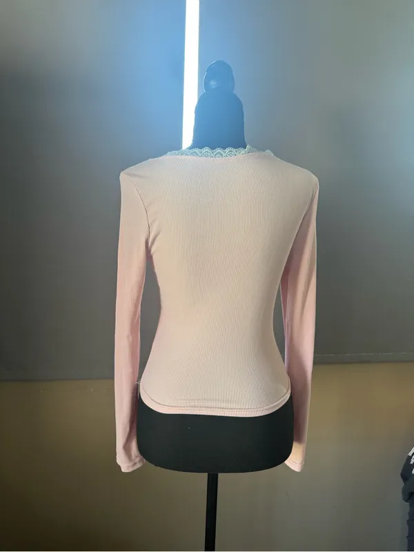 Vintage coquet Women's Pink Lace-Trim Long Sleeve Top - Image 2