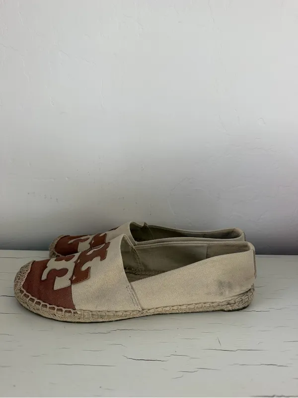 Tory Burch Double T Logo Canvas Espadrille Flats Brown Cream Size 9 - Image 4