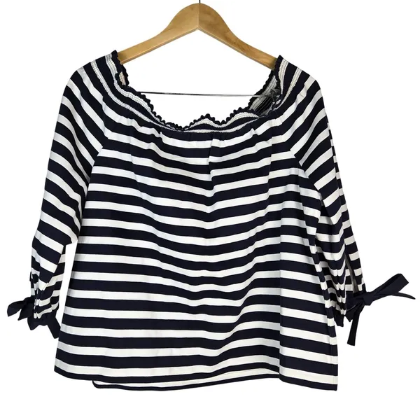 J. Crew Womens XL Navy White Striped Off-Shoulder Tie-Sleeve Top G2549 - Image 3