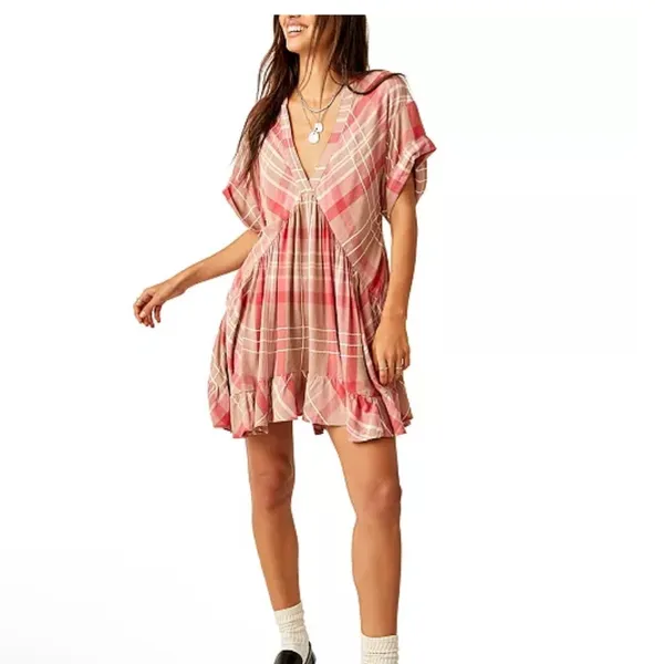 Free People Agnes Plaid Cotton Minidress size‎ small - Image 5