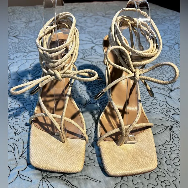 SIMMI LONDON Snake Embossed Cream Square Strappy Lace Up Stiletto Heels Sz 8 - Image 10