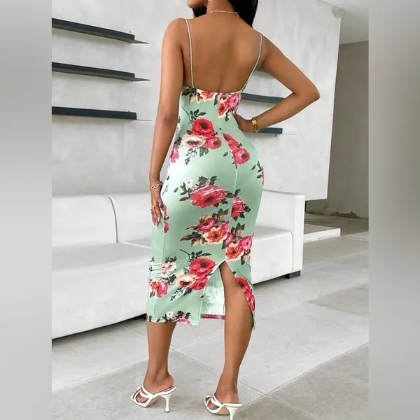 Sexy Mint Green Floral Bodycon small Midi Dress Lace Trim Cami Spaghetti Strap - Image 5