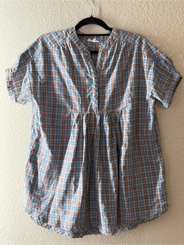 Easel Blue Plaid Babydoll Tunic Top S Oversized Boho Cottagecore Peasant - Image 4