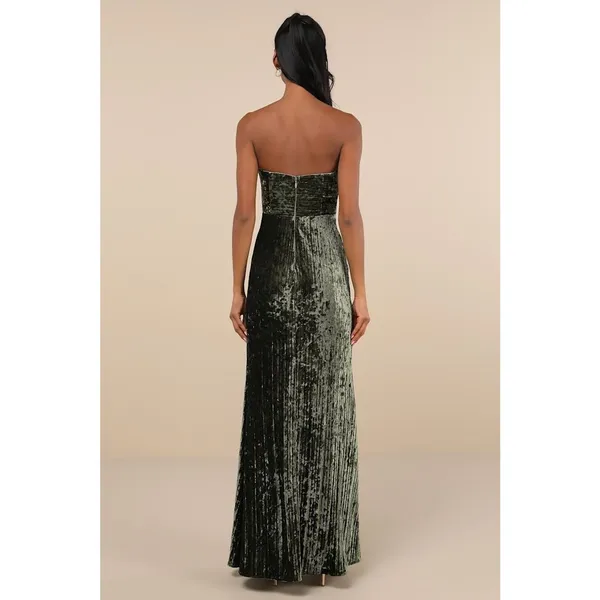NWT Lulus Classy Sensation Olive Velvet Pleated Strapless Maxi Dress Gala Sz L - Image 3