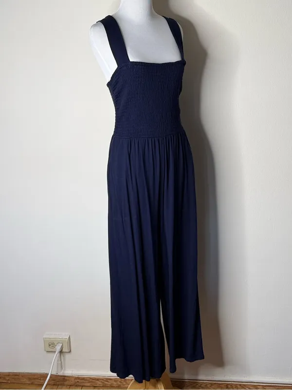 LOFT Navy Smocked Wide Leg Jumpsuit - Image 4