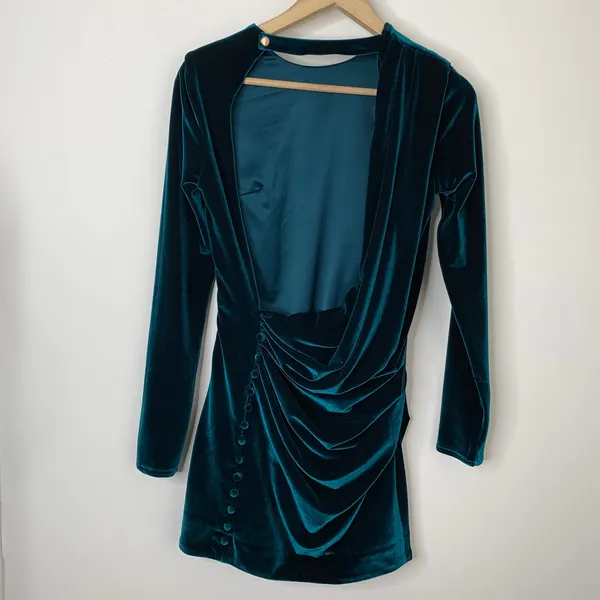 House of CB Maroush Velvet Teal Backless Mini Longsleeve Dress Womens Small - Image 12