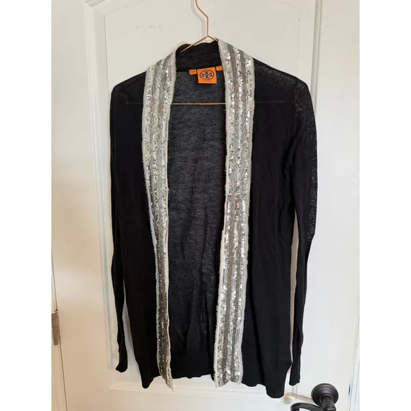 Tory Burch Cardigan Women‎ S Black Sequin Trim Linen Cotton Open Front 20103133 - Image 3