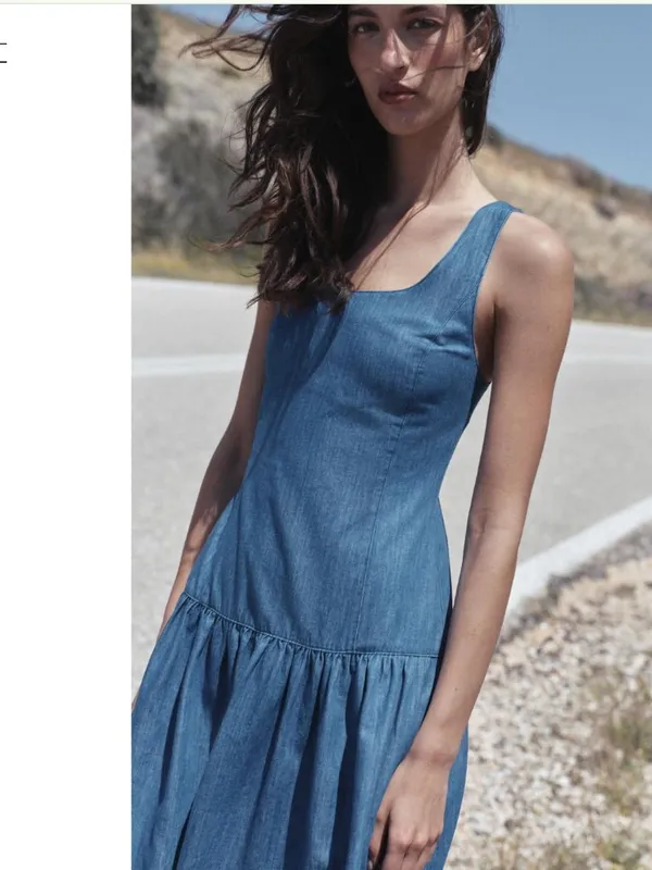 NWOT ZARA MIDI CAPE Denim SKIRT DRESS Medium Blue Cotton Linen Blend - Image 3