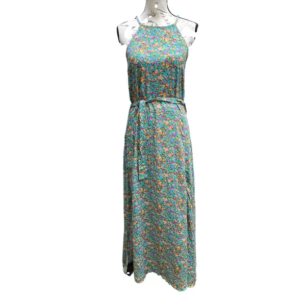 Silk & Salt‎ NWT Teal Floral Halter Maxi Dress Tie Waist Double Slit Medium - Image 2