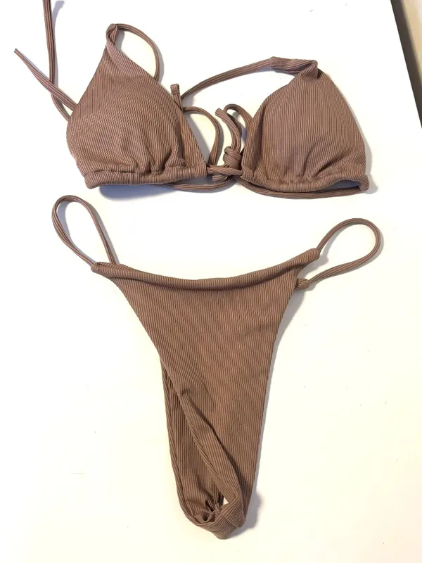 SHEIN Sexy High Cut Cheeky Triangle Ribbed Bikini Set Chocolate Brown Womens Medium - Image 2