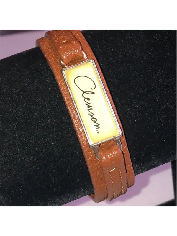 Brown Leather Wrap Bracelet with Clemson Plate - Image 2