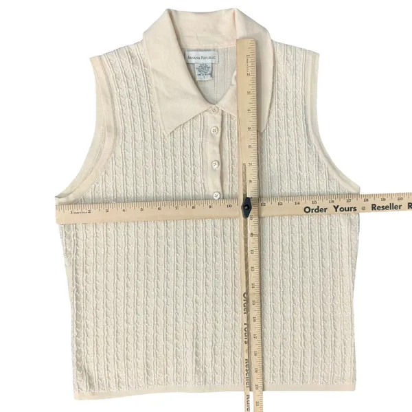 Vintage Banana Republic Cream Merino Wool Beaded Sleeveless Polo Sweater Tank L - Image 9