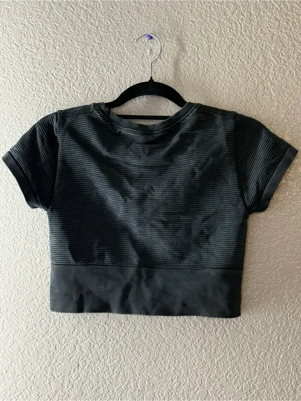 Aerie OFFLINE S True Black Seamless Ribbed Cropped Tee Gym Athleisure Top Lounge - Image 7