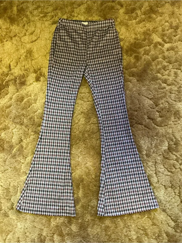 SO Small Houndstooth Flare Pants Brown Cream Stretch High Rise Retro Y2K - Image 8